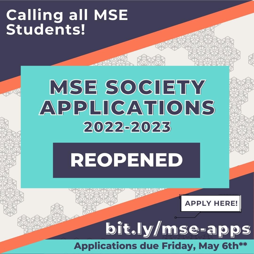 Applications to join the MSE Society have reopened! 🤩

The VP Admin, EDI, Design and Finance roles are still available.

Apply at: bit.ly/mse-apps

The final deadline to apply is Friday, May 6th. However, positions will be appointed on a rolling bas
