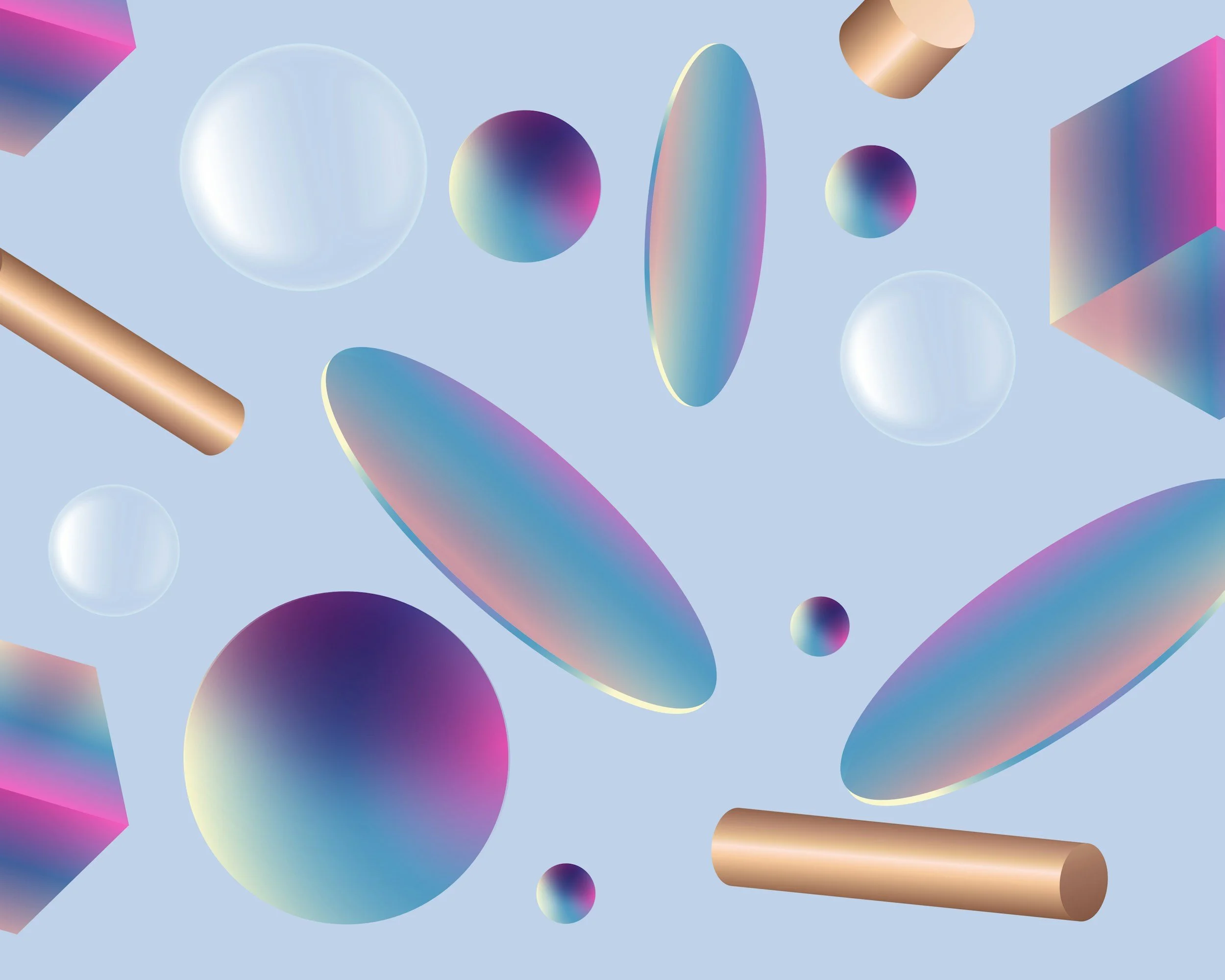 Abstract digital artwork featuring various 3D geometric shapes like spheres, cylinders, and ellipsoids with iridescent, pastel gradient colors on a light blue background.