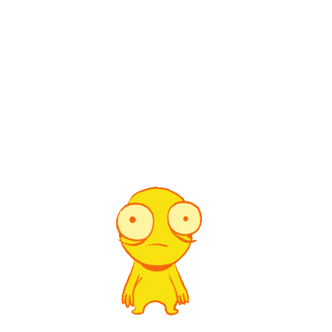 A yellow cartoon character with large eyes and a sad expression standing against an orange background.