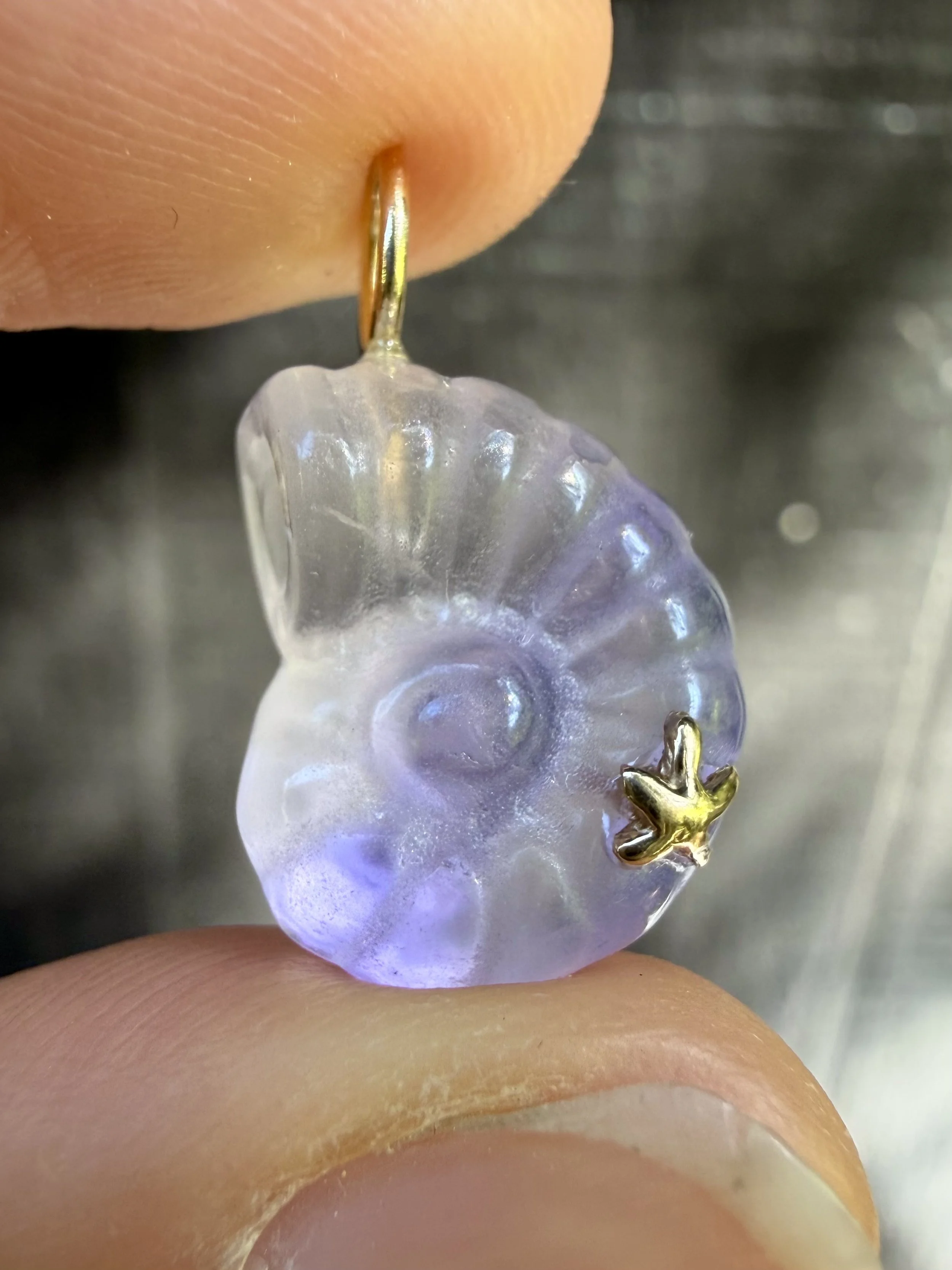 Purple:clear fluorite nautilus charm close up.jpeg
