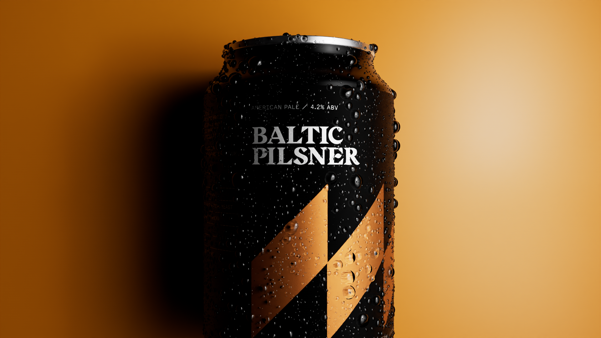 A black can of Baltic Pilsner beer with orange and black diagonal stripes, covered in water droplets, against a gradient orange background.