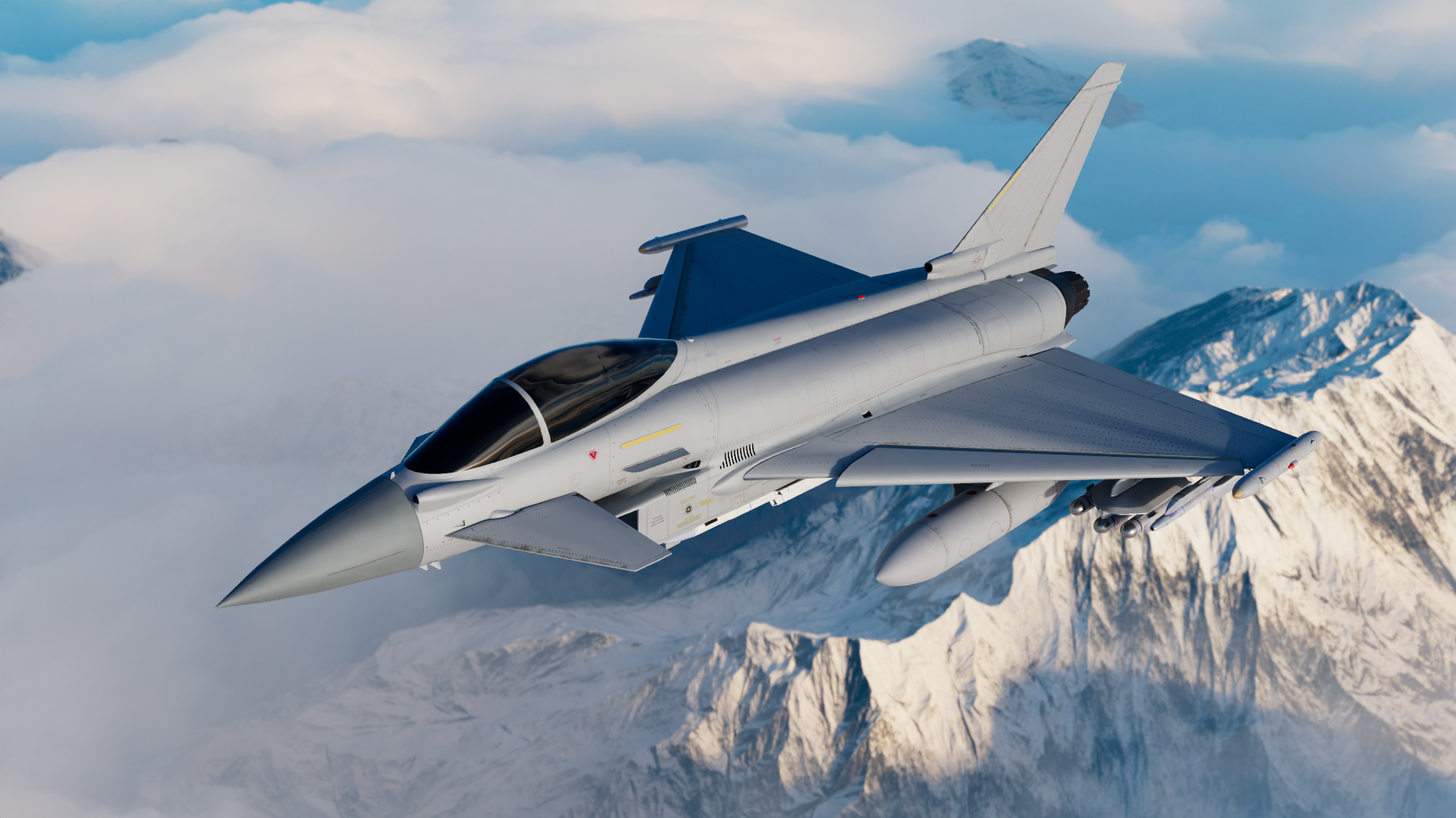 A modern fighter jet flying over snow-covered mountains with clouds in the background.