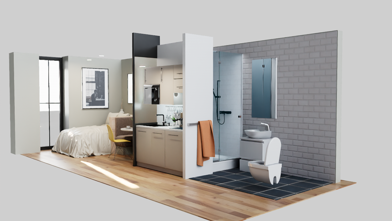 A 3D rendering of a small studio apartment showcasing a combined sleeping, kitchen, and bathroom area with a modern interior design.