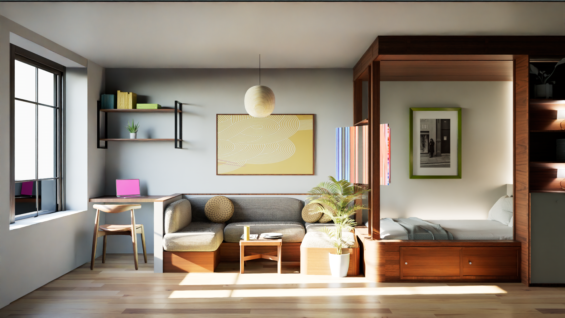 A modern living room with a large window, a gray sofa with decorative pillows, a small wooden coffee table, a potted plant, and wall art. There is a wooden structure surrounding a bed with framed pictures on the wall.