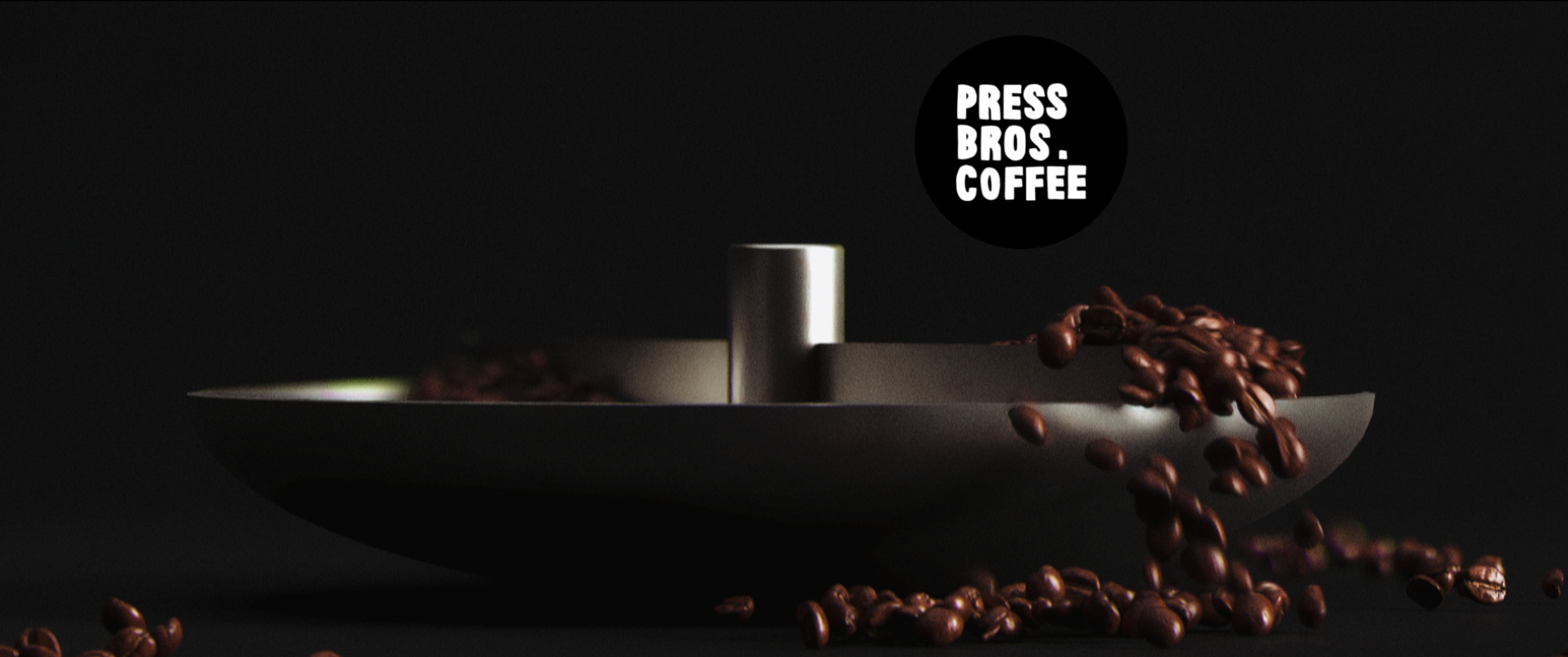 A sleek, modern coffee grinder with coffee beans spilling out onto a dark surface, with a black background and a black circular logo reading 'Press Bros. Coffee'.
