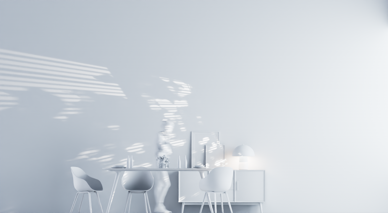Minimalist white dining area with a table, four chairs, a sideboard, a lamp, and wall art, illuminated by sunlight creating shadows.