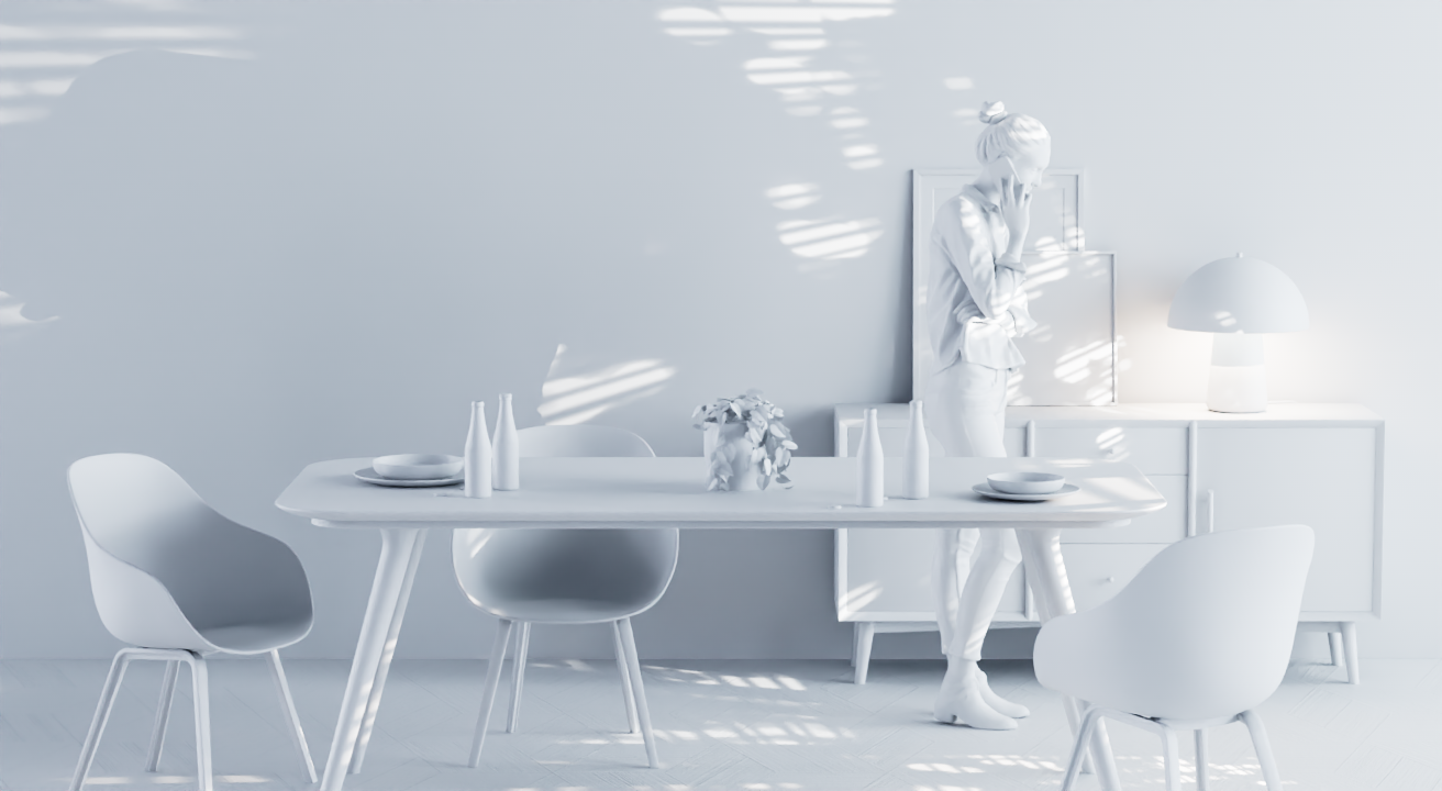 A monochrome white interior dining room with a table, four chairs, a sideboard, a table lamp, and a woman standing with her hand on her face, appearing to be thinking.