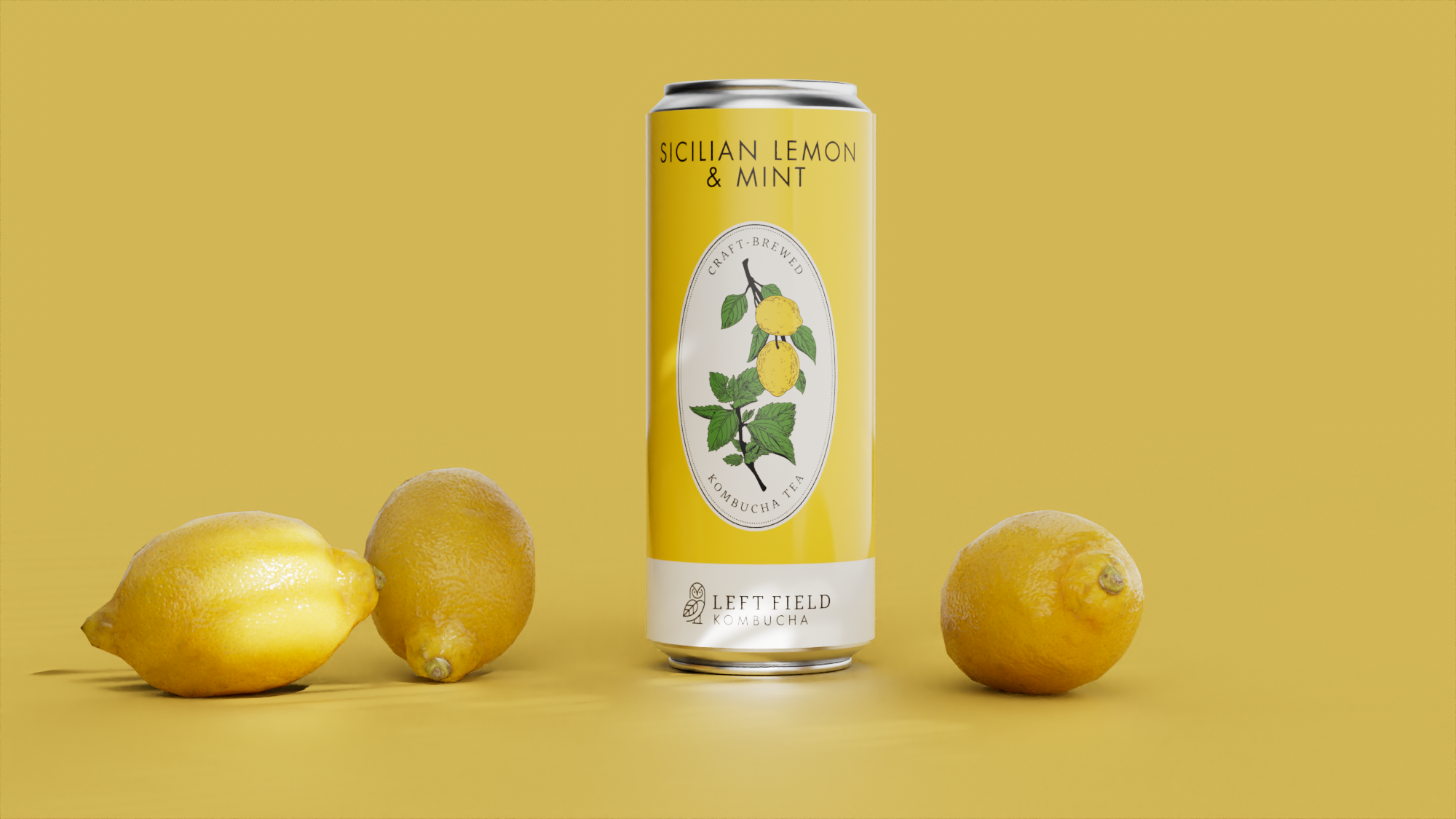 A can of Sicilian Lemon & Mint kombucha from Left Field, surrounded by four fresh lemons, set against a yellow background.