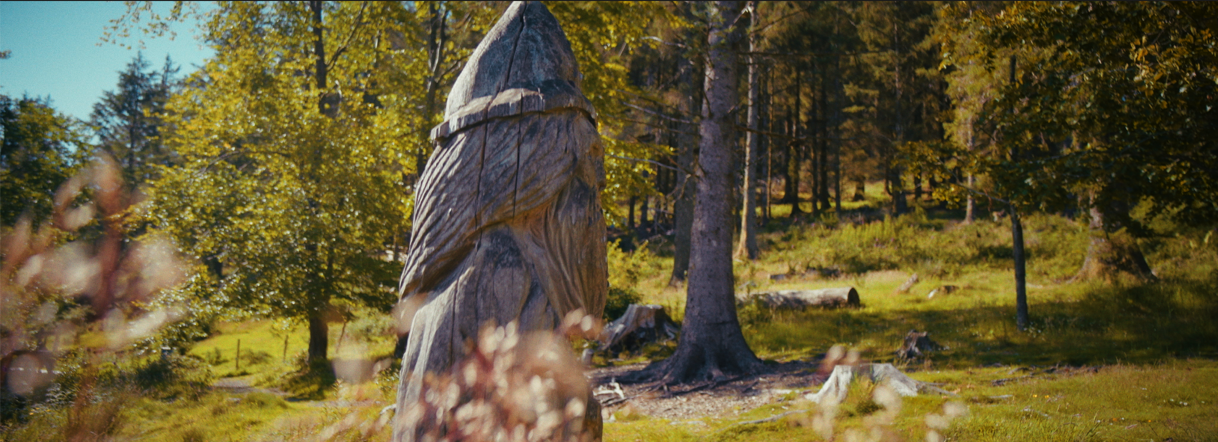 A large carved wooden sculpture in a forested area during daytime, surrounded by trees with green leaves and grass, with sunlight filtering through the trees.