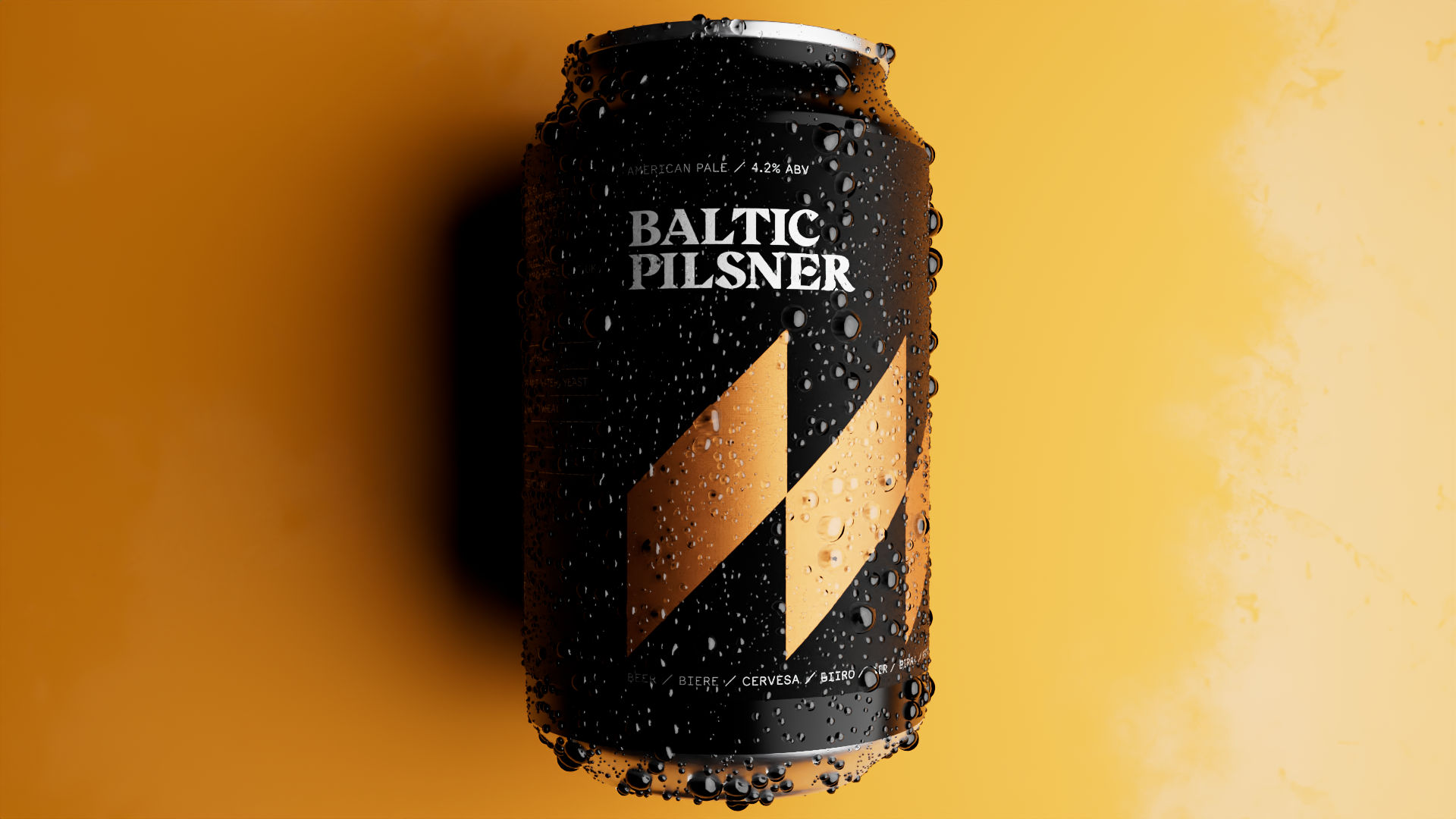 A black can of Baltic Pilsner beer with droplets of water on it, featuring a diagonal tan and black striped design against a yellow background.