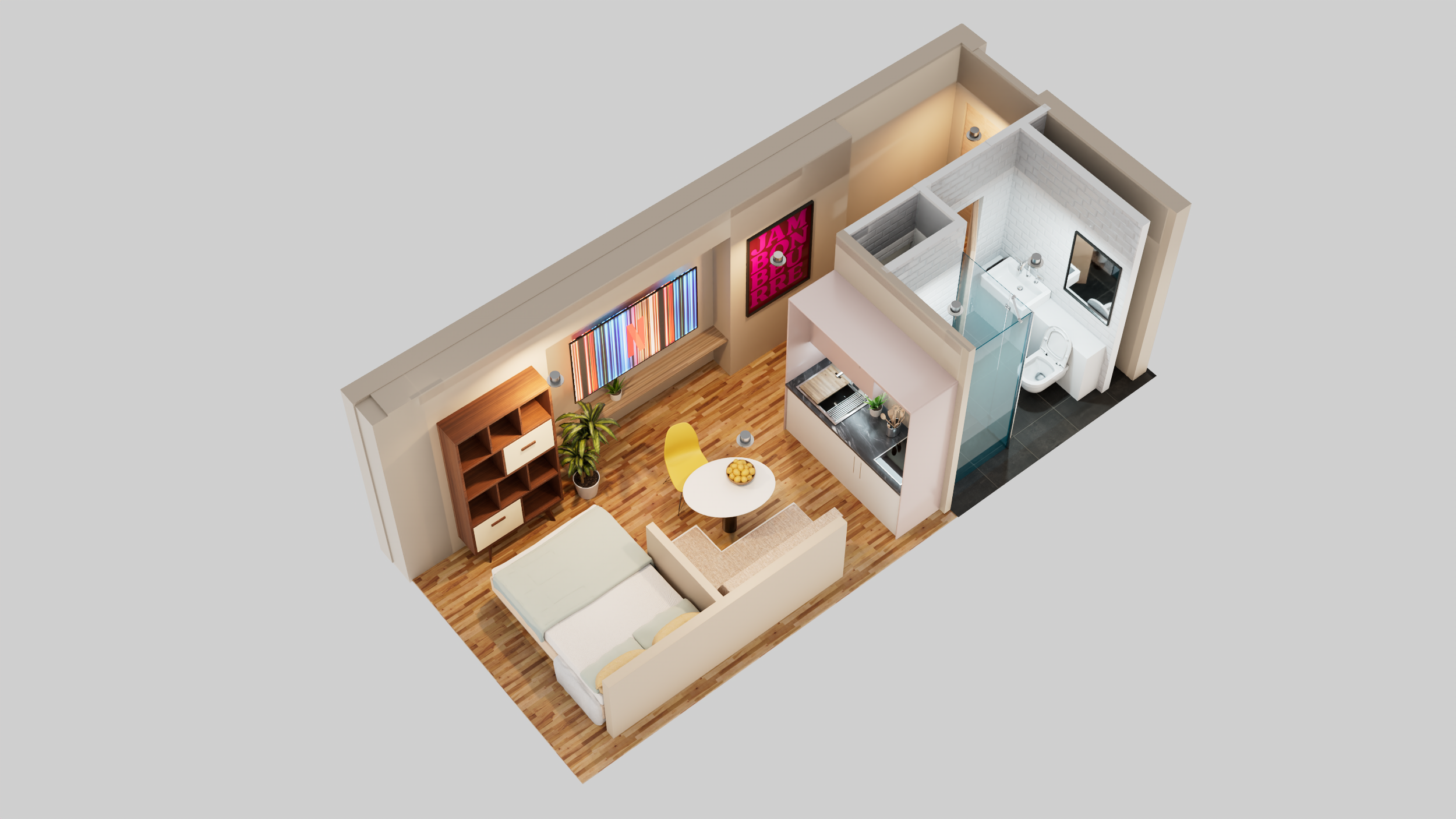 A small open-concept living space with a bedroom area, a kitchenette, and a bathroom. The bedroom has a bed, a bookshelf, and a window with colorful decor. The kitchenette has a sink, countertop, and small appliances. The bathroom includes a toilet, 