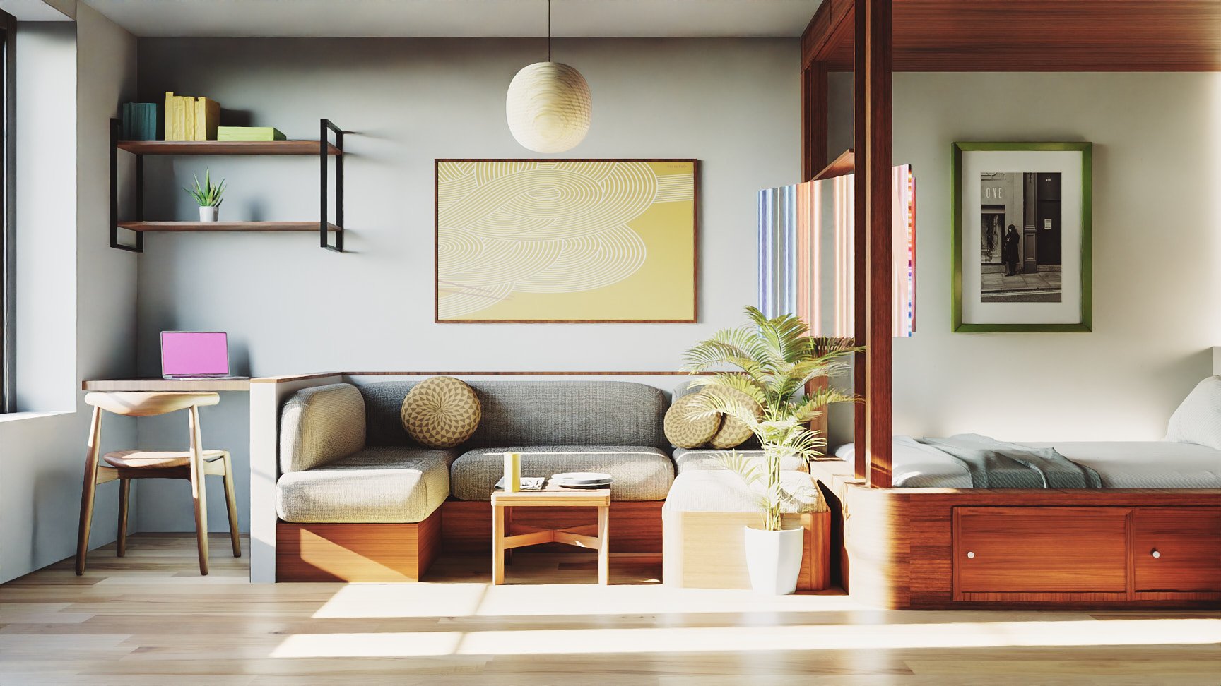 Living room with a sofa, small table, bookshelf, framed art, potted plant, and bed separated by a wooden partition.