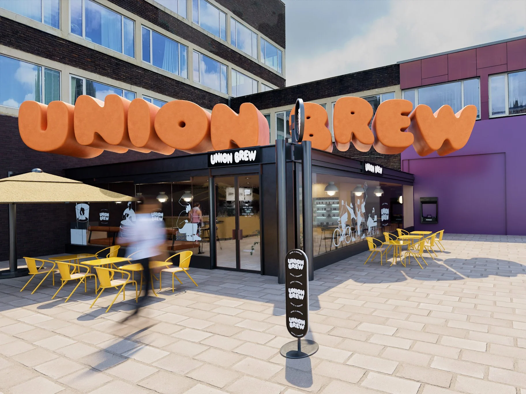 Exterior of a cafe named 'Union Brew' with large orange foam letters spelling 'Union Brew' on the roof, yellow outdoor seating, a person walking past, and modern buildings in the background.