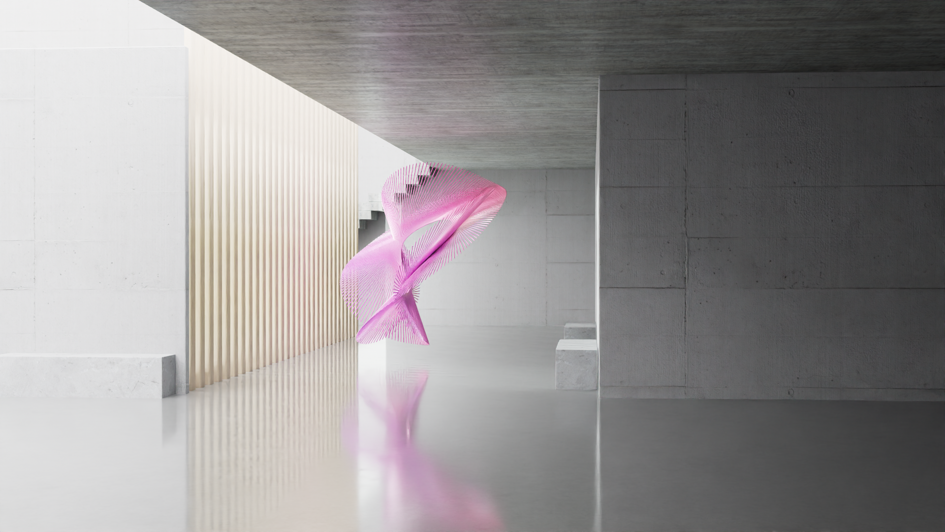 A modern, minimalist interior space with gray concrete walls, a polished white floor, and a pink abstract sculpture made of thin, curved lines.
