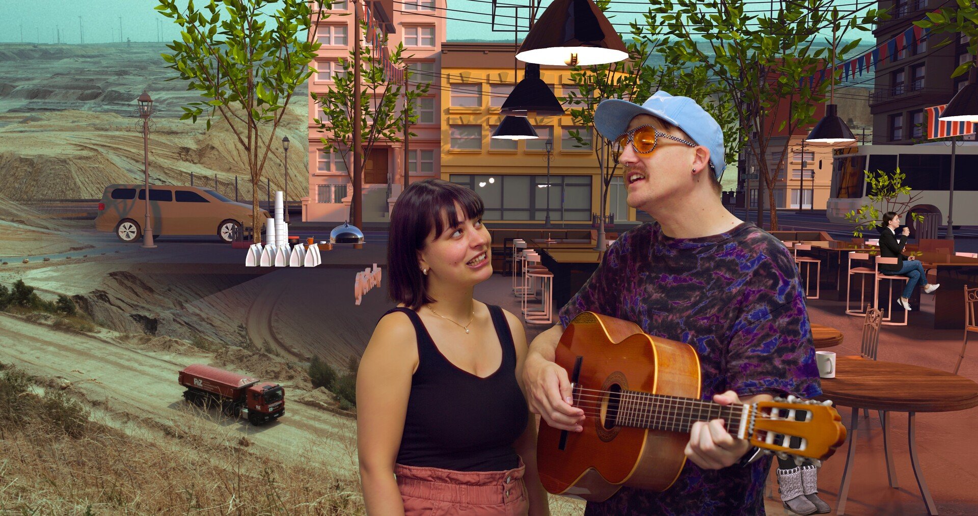 girl looking awkwardly at a man playing guitar