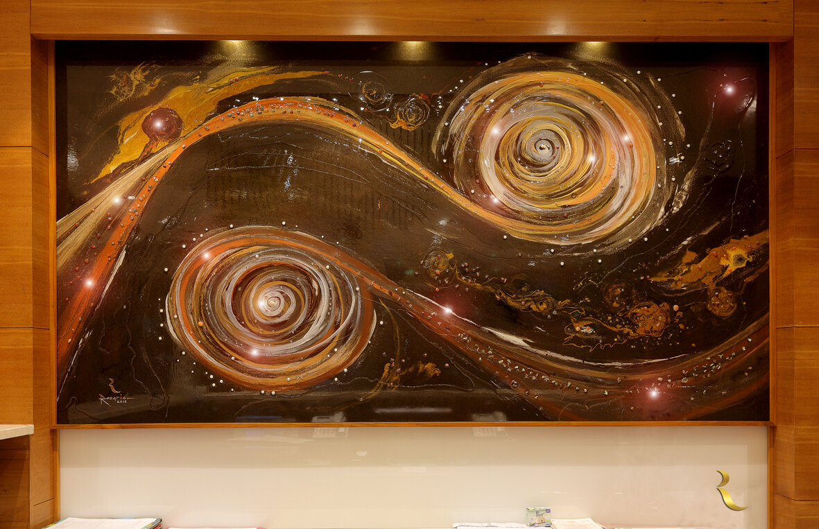 Reception backdrop - Spirals of the universe. Resin coated. Pearls, gems and crystals.