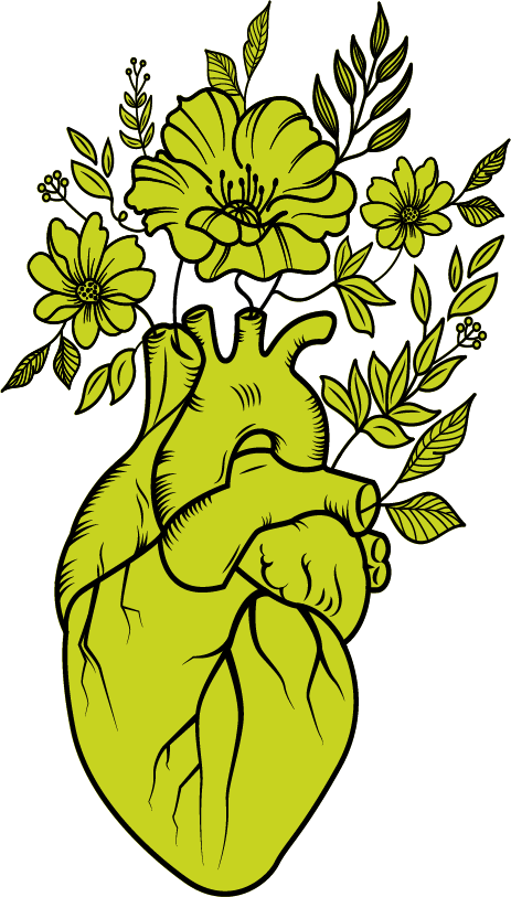 An illustration of a human heart with flowers and leaves blooming from its top, in green and black colors.