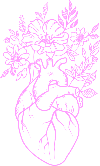 A line drawing of a human heart with flowers and leaves growing from the top, depicted in pink on a black background.
