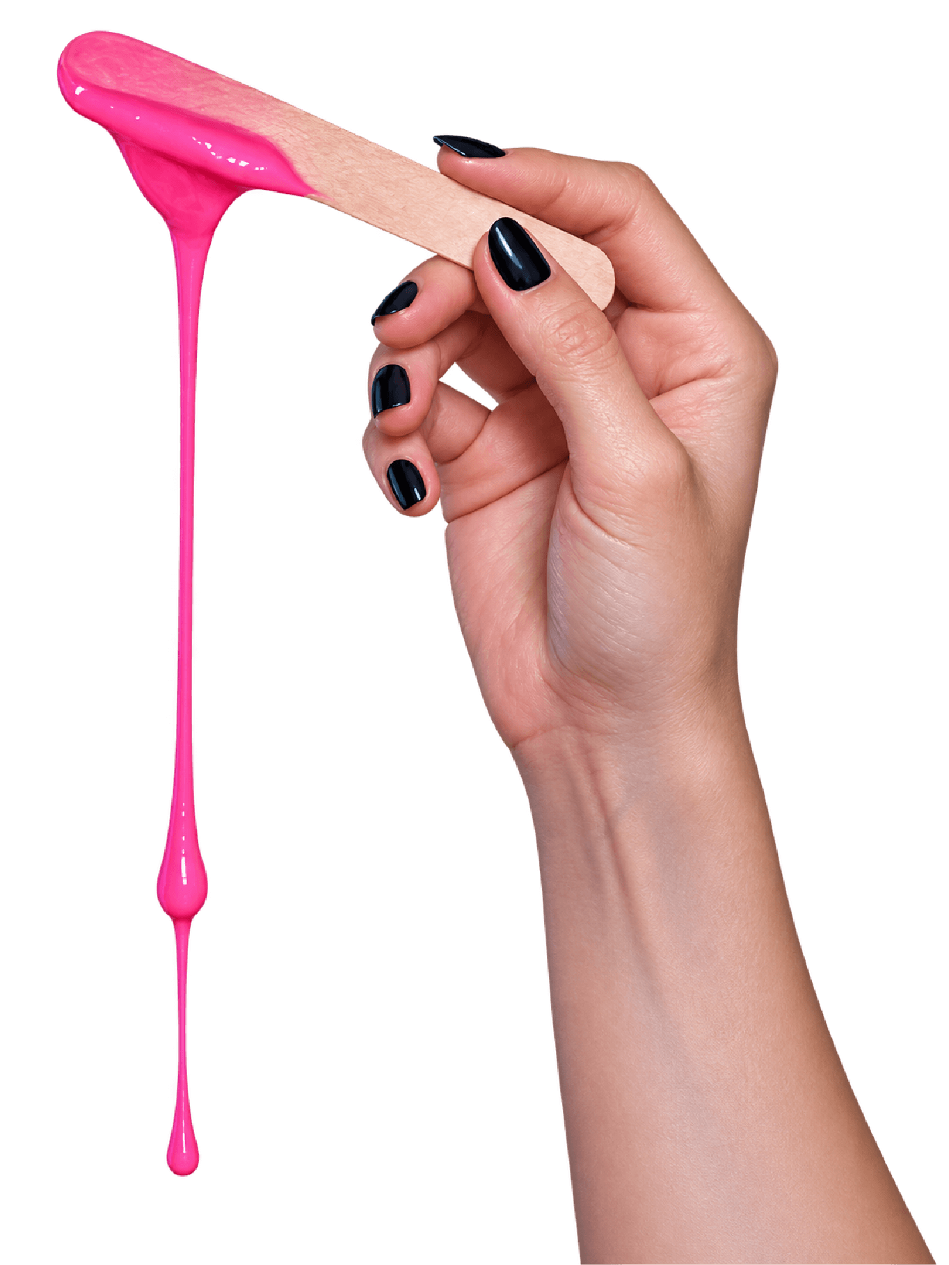A hand with black nail polish holds a wooden stick with bright pink melted wax dripping down.