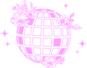 Pink globe surrounded by flowers and sparkles.