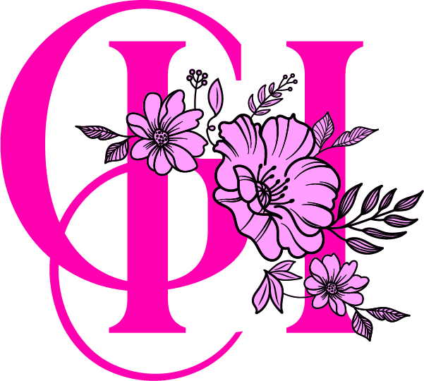 Pink letters, the Glow Haus Brandmark 'GH' with floral and leaf designs overlaying.