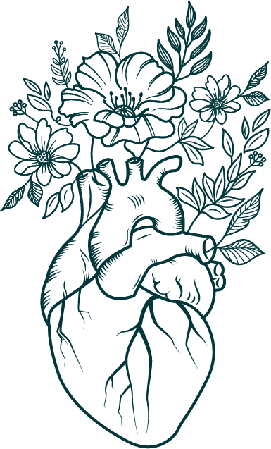A line drawing of an anatomical heart with flowers and leaves growing from its top.