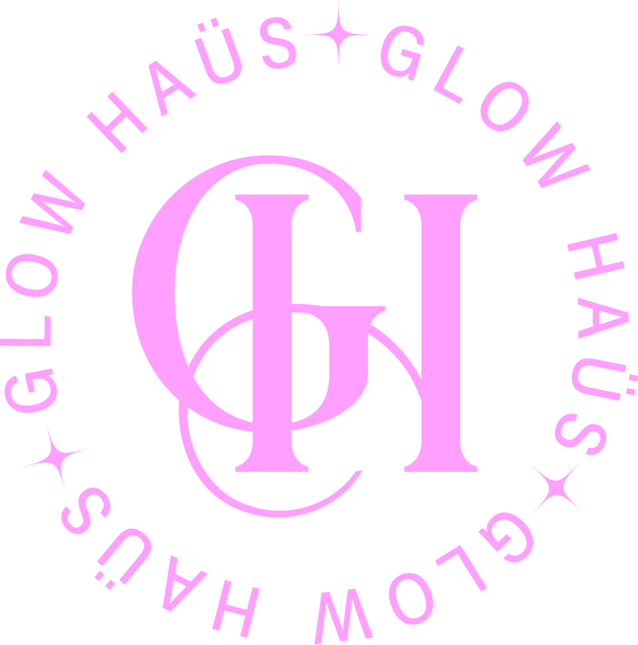 Pink logo with initials "CH" and the words "Glow Häuschen" encircling the initials, set against a black background, with small sparkles around the text.