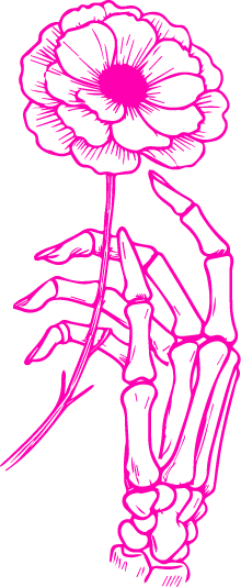 A neon pink illustration of a skeleton hand holding a flower with a stem and leaves, drawn in a sketchy style.