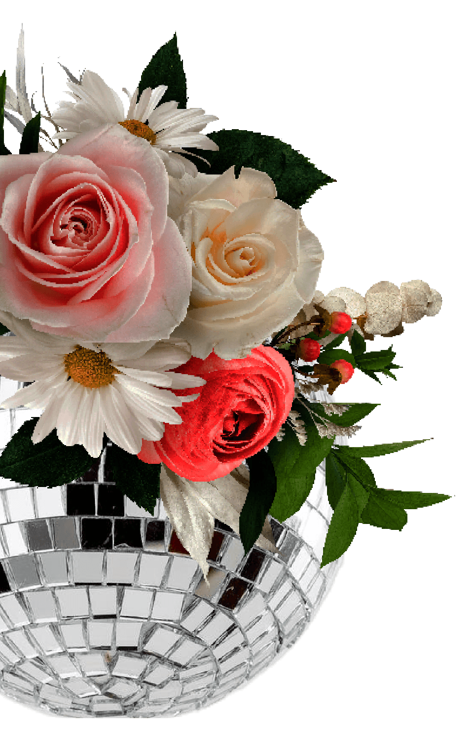 A bouquet of pink, white, and red roses, white daisies, and small red berries in a mirrored disco ball vase against a black background.
