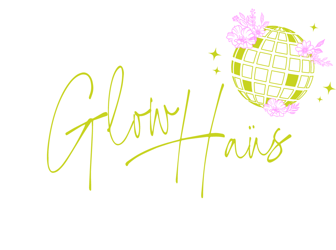 Disco ball with pink flowers and leaves, with the words 'Glowy Hais' written in yellow cursive font on a black background.