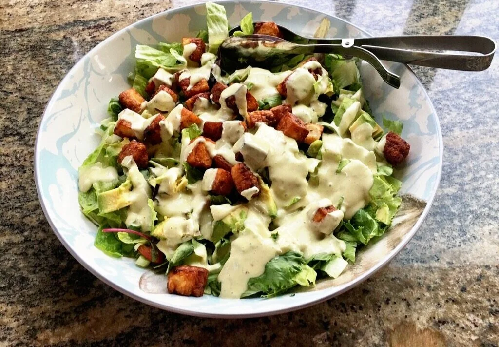 Avocado Caesar Salad with Halloumi Cheese Croutons
