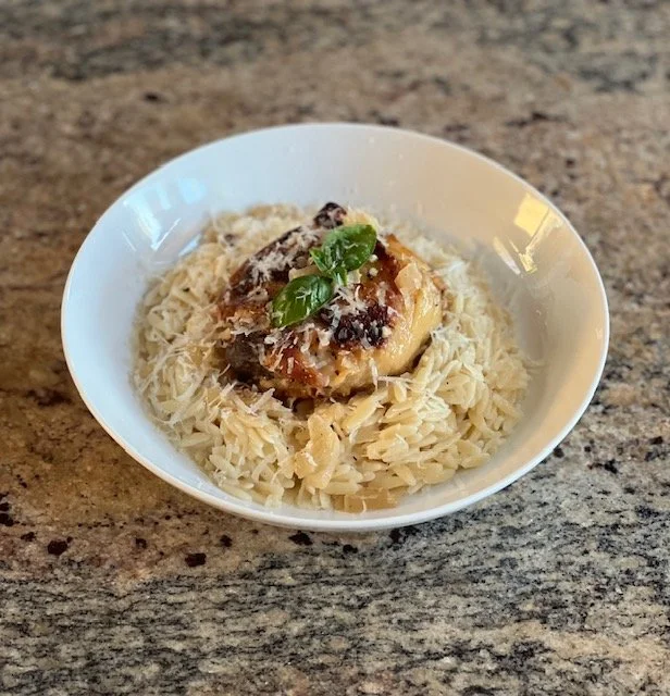 Chicken Thighs and Lemon Cream over Orzo