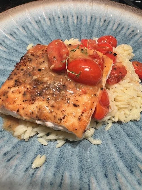 Halibut and Orzo with a Tomato Wine Butter Sauce