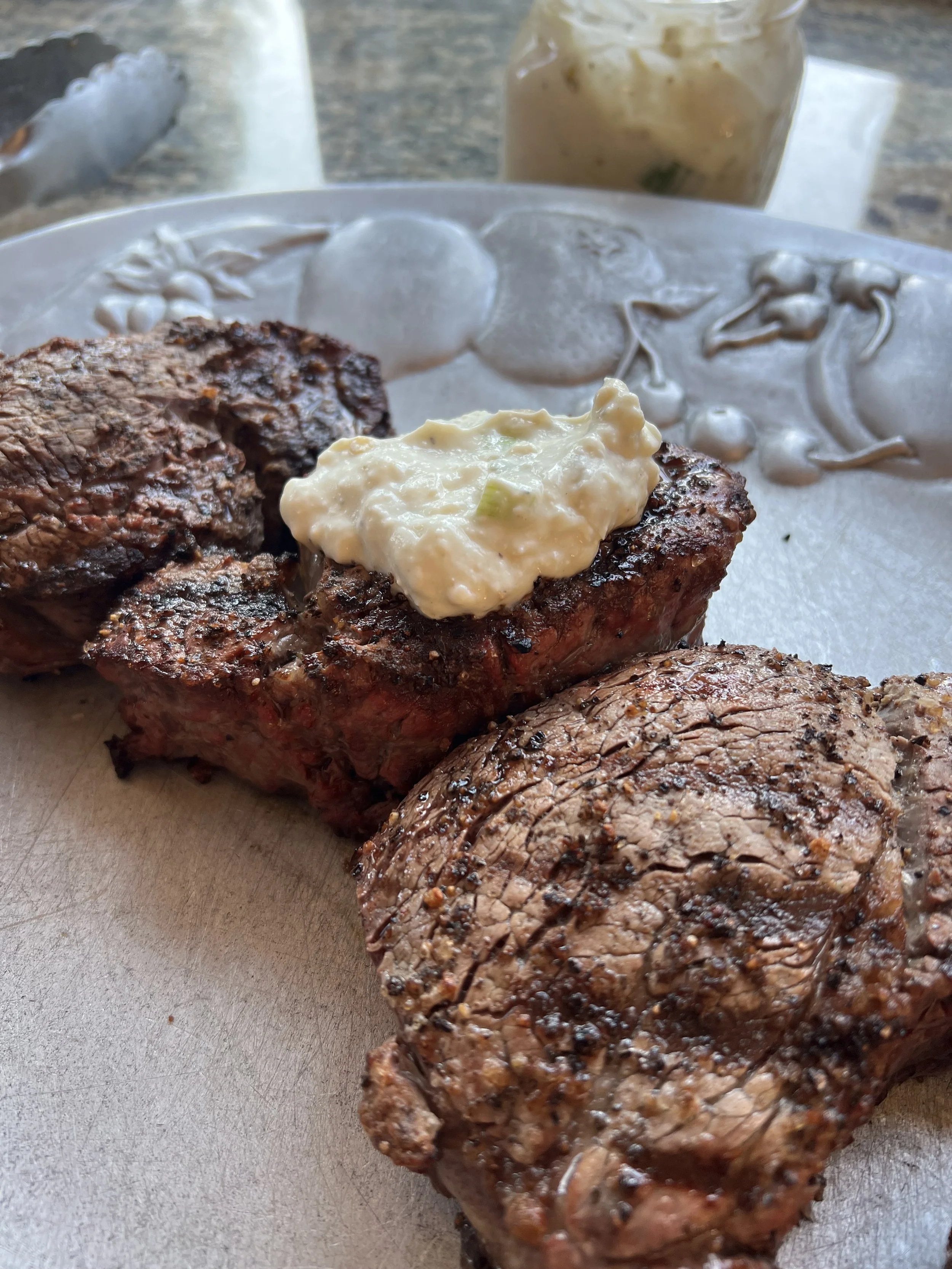 Grilled Steaks with Blue Cheese and Green Chile Sauce