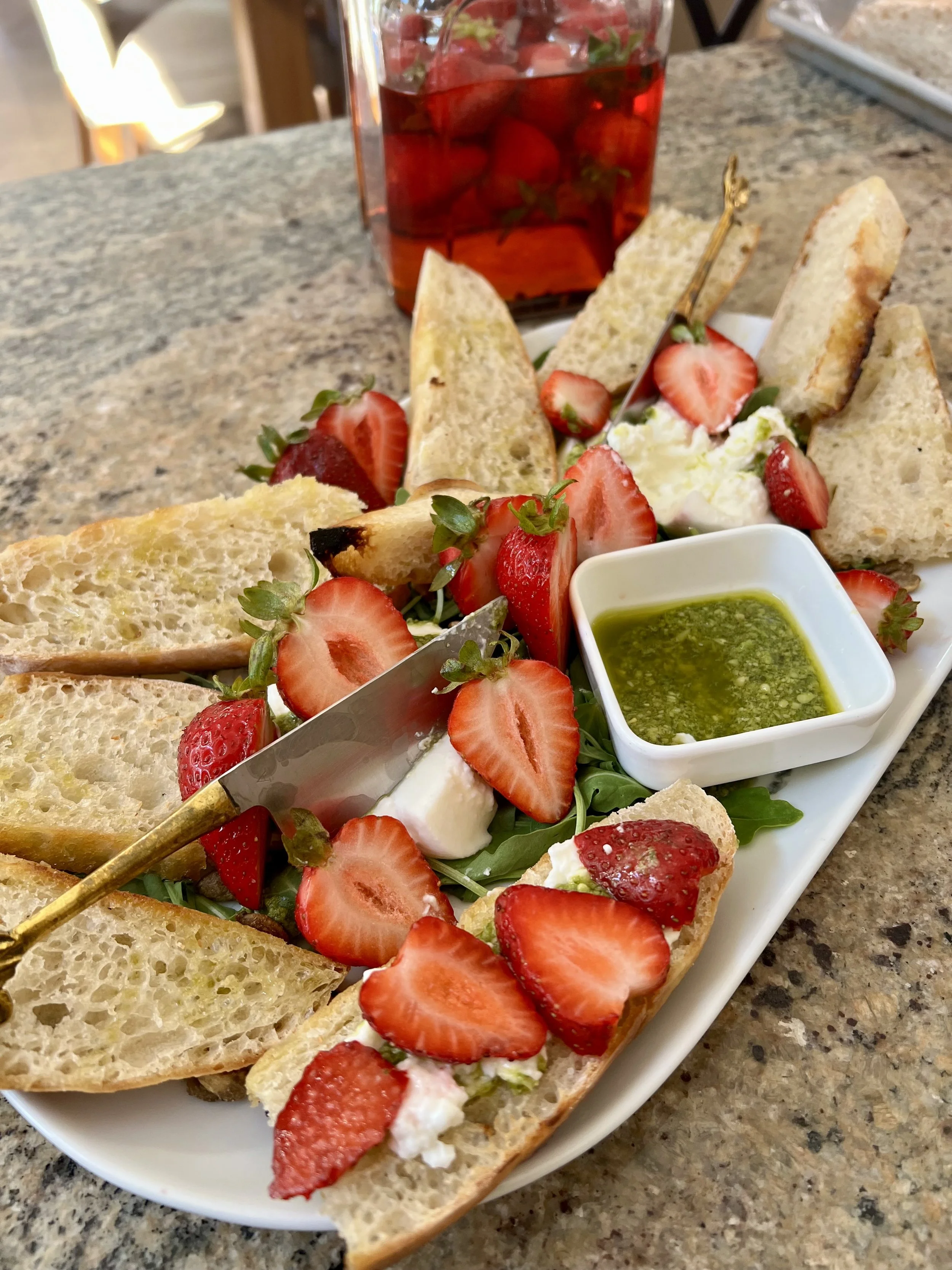 Pickled Strawberry Burrata Pesto Crostini