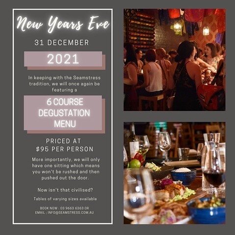 See in 2022 with a 6 course degustation dinner that combines the best local produce with enticing flavours!

Sitting times available from 6:00pm.

The table will then be your&rsquo;s uninterrupted the entire night.

$95pp - BOOK NOW to secure your sp