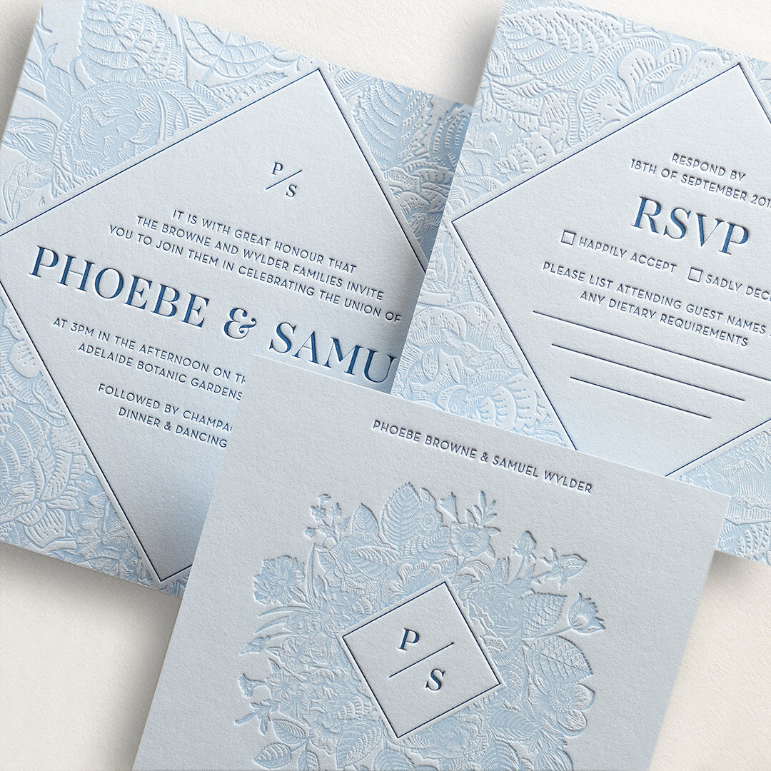 Blue florals. Still adore this set from 3 years ago! We are getting so many enquiries for florals this upcoming wedding season.
⠀⠀⠀⠀⠀⠀⠀⠀⠀
Letterpress dark and light blue printed on GMUND 300gsm 100% Cotton Gentlemen Blue.
⠀⠀⠀⠀⠀⠀⠀⠀⠀
Please get in touc