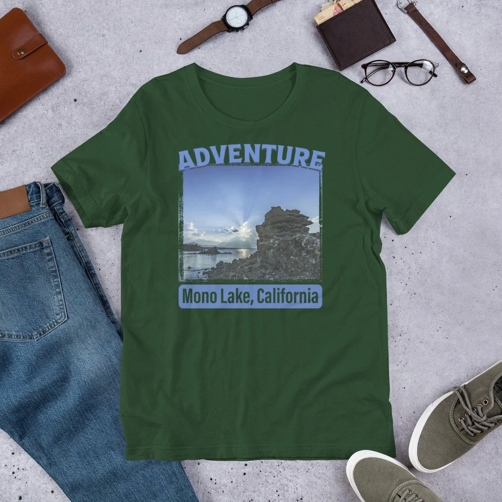 Adventure t-shirt with Mono Lake, California design printed on a Bella + Canvas 3001 unisex staple tee forest-front