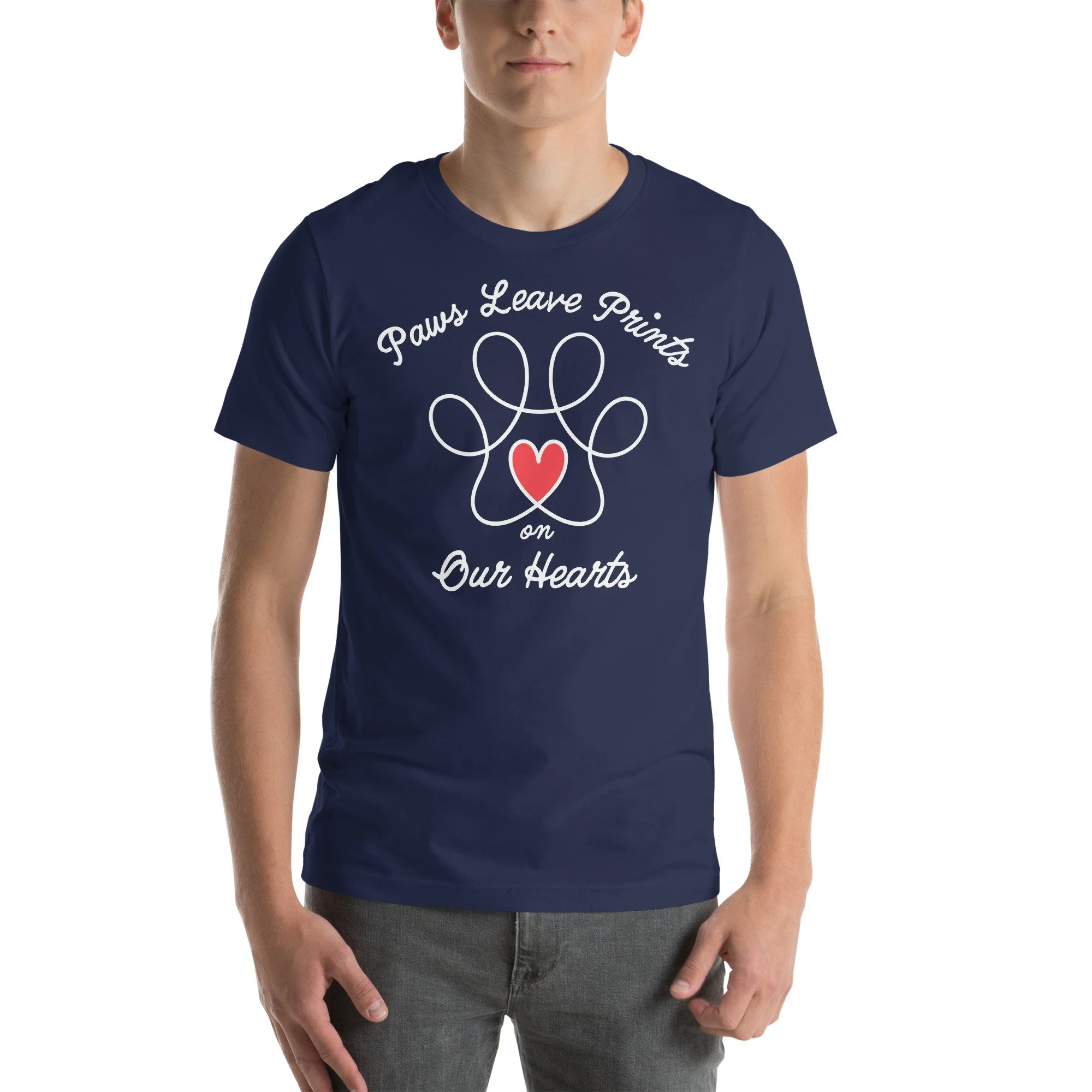 Paw outline with red heart center and text "Paws Leave Prints on Our Hearts" on unisex T-shirt