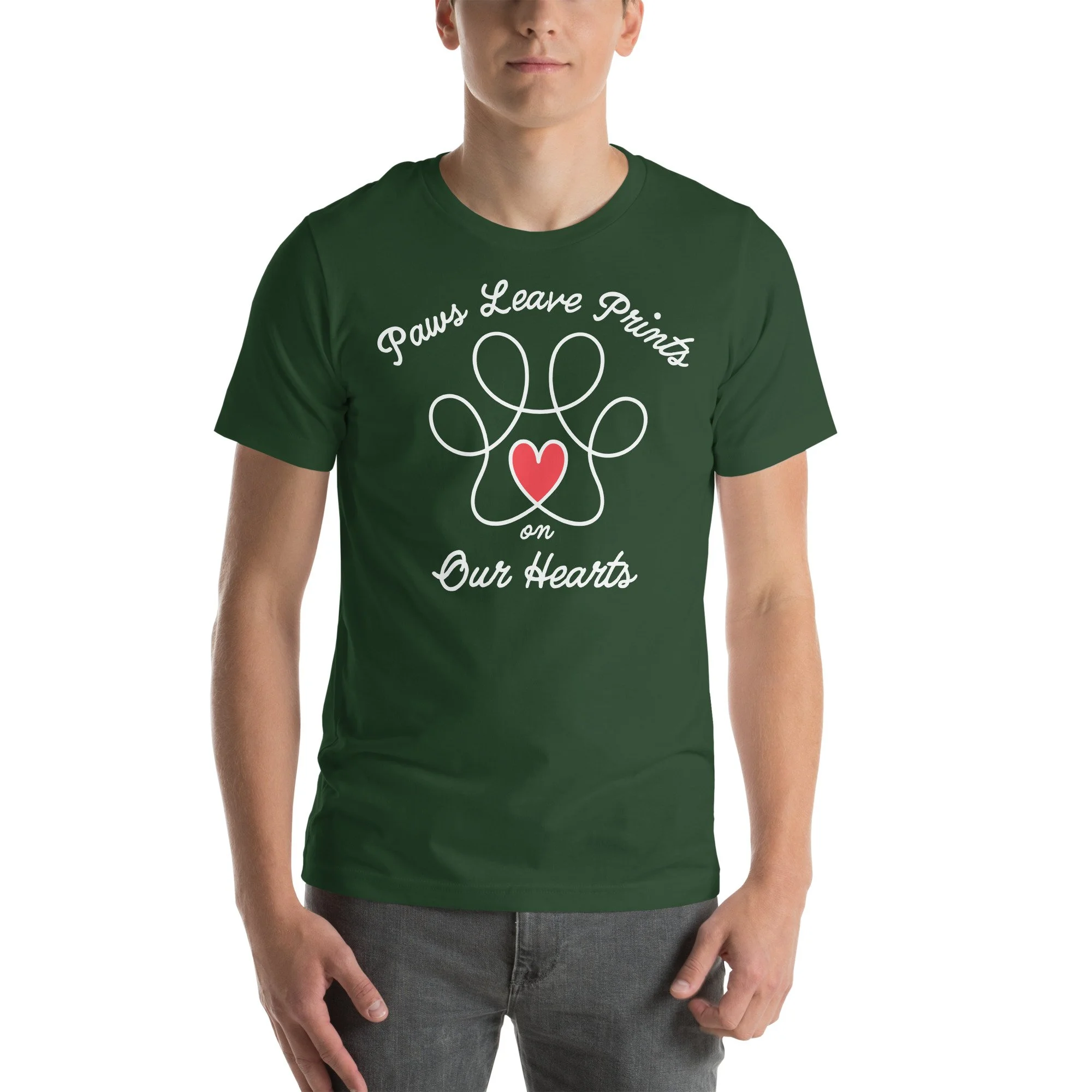 Paw outline with red heart center and text "Paws Leave Prints on Our Hearts" on unisex T-shirt