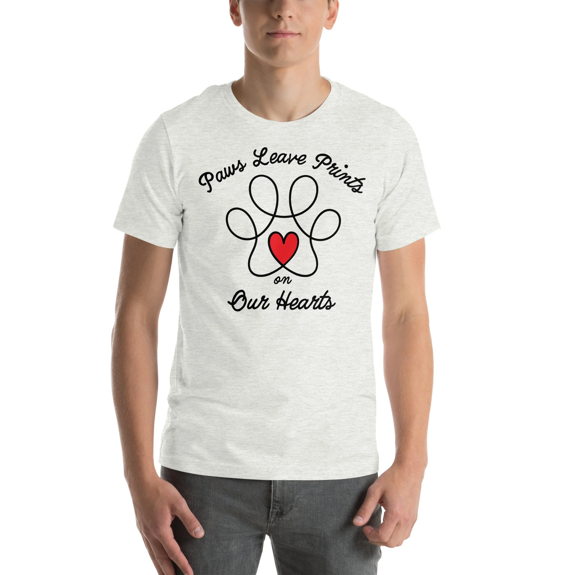 Paw outline with red heart center and text "Paws Leave Prints on Our Hearts" on unisex T-shirt