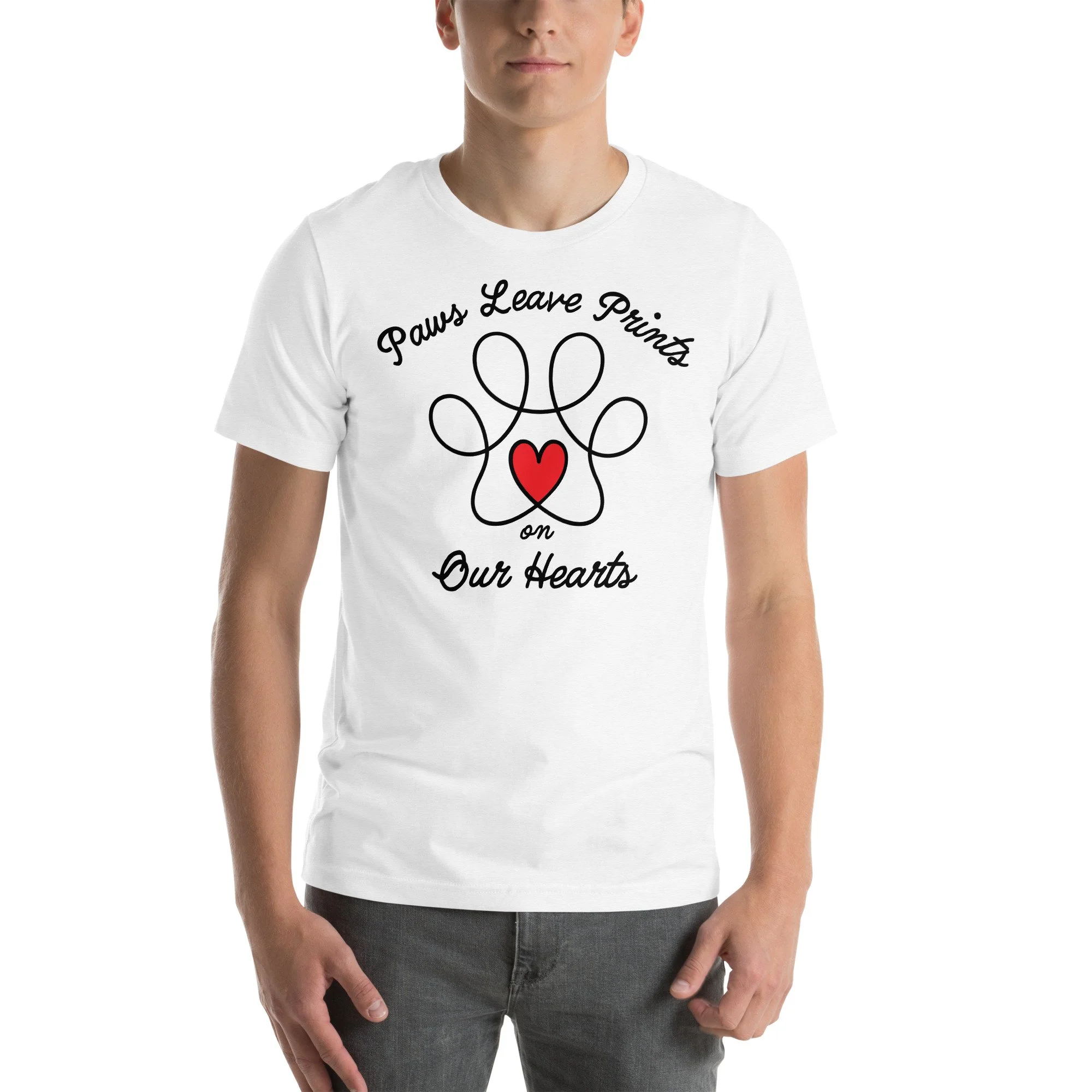 Paw outline with red heart center and text "Paws Leave Prints on Our Hearts" on unisex T-shirt