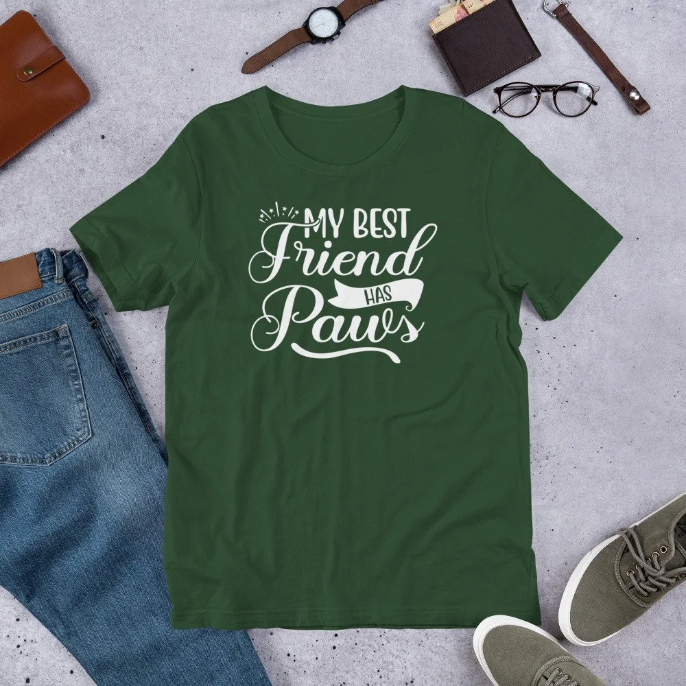 Black and white graphic t-shirt with the phrase "My Best Friend Has Paws" in bold script lettering, designed for dog and cat lovers.