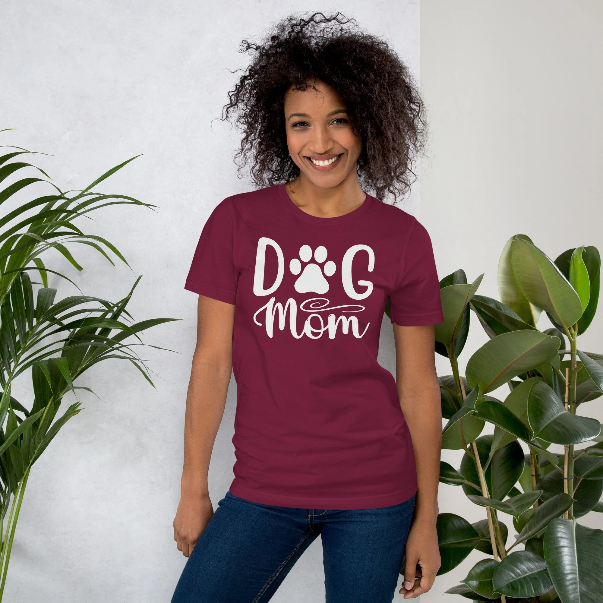Dog Mom T-Shirt with bold paw print design-t-shirt-maroon-front