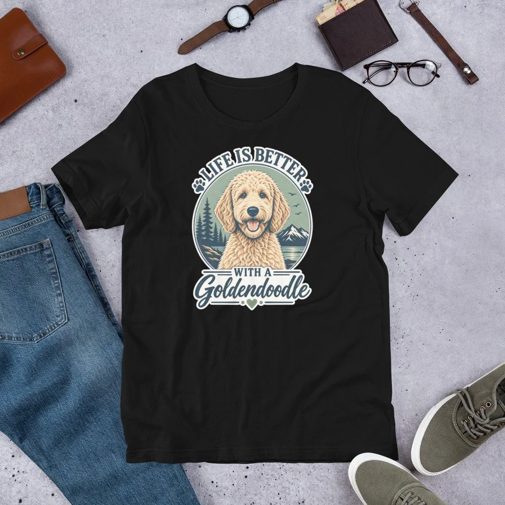 Life Is Better With a Goldendoodle T-shirt design featuring a Goldendoodle with pine trees, mountains and an outdoor landscape unisex-staple-t-shirt-black-front