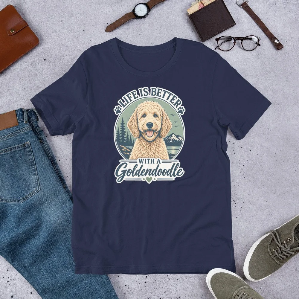 Life Is Better With a Goldendoodle T-shirt design featuring a Goldendoodle with pine trees, mountains and an outdoor landscape unisex-staple-t-shirt-navy-front