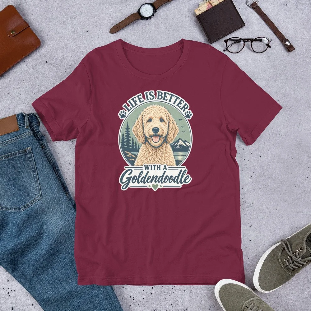 Life Is Better With a Goldendoodle T-shirt design featuring a Goldendoodle with pine trees, mountains and an outdoor landscape unisex-staple-t-shirt-maroon-front