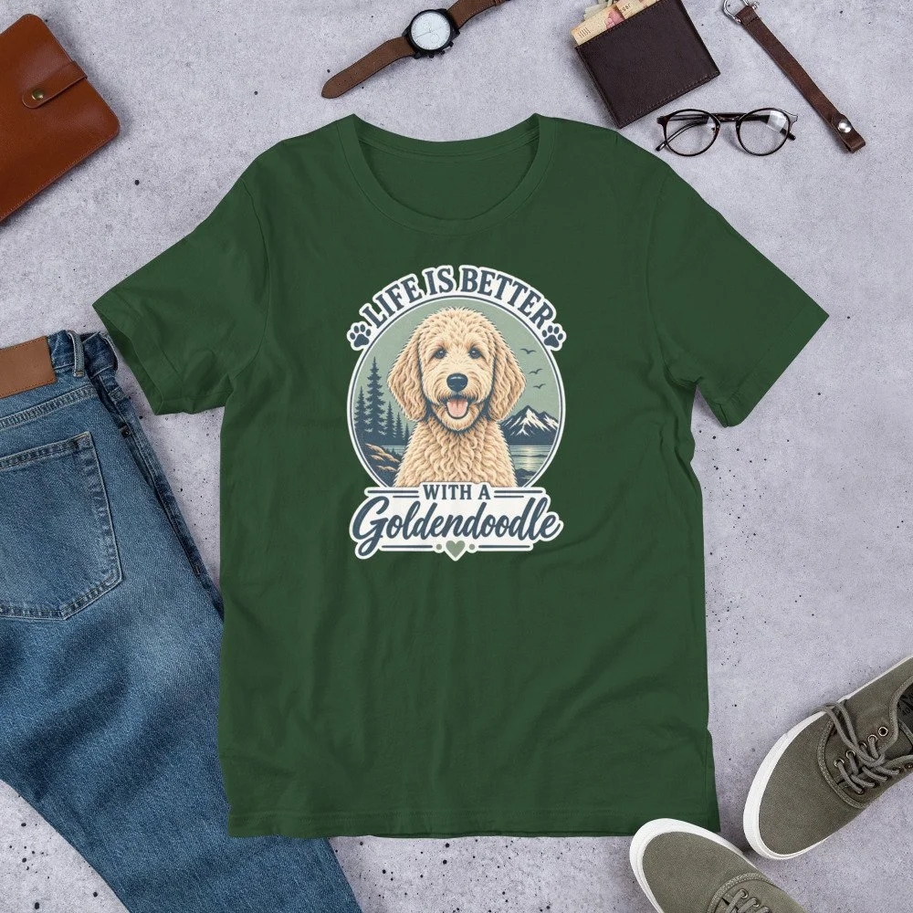 Life Is Better With a Goldendoodle T-shirt design featuring a Goldendoodle with pine trees, mountains and an outdoor landscape unisex-staple-t-shirt-forest-front