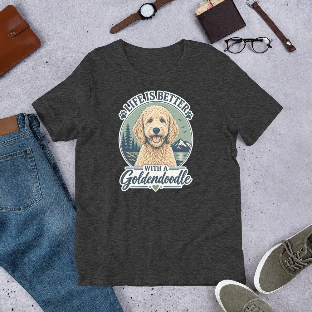 Life Is Better With a Goldendoodle T-shirt design featuring a Goldendoodle with pine trees, mountains and an outdoor landscape unisex-staple-t-shirt-dark-grey-heather-front