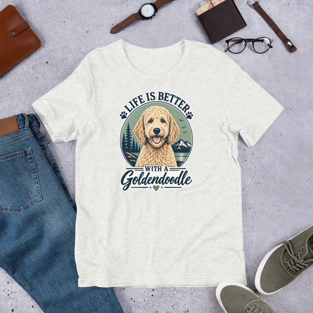 Life Is Better With a Goldendoodle T-shirt design featuring a Goldendoodle with pine trees, mountains and an outdoor landscape unisex-staple-t-shirt-ash-front